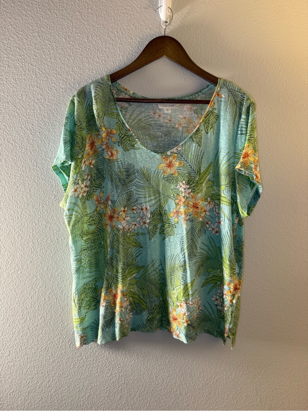 J. Jill Teal Tropical Floral V-Neck Short Sleeve Top - Picture 2 of 7